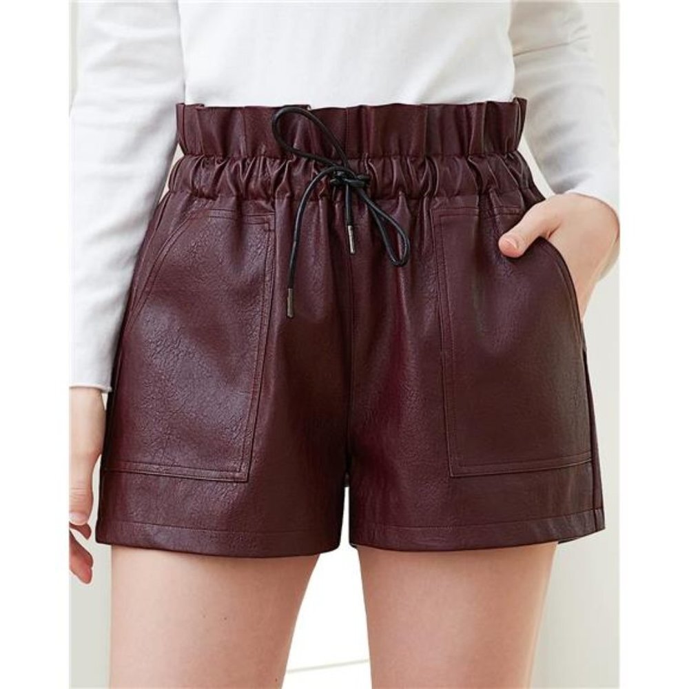 Wine Red Faux High Waisted Wide Leg Sexy Shorts